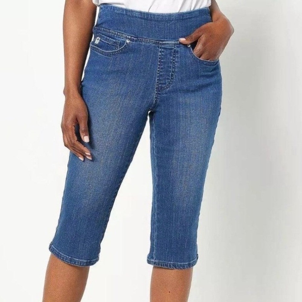 Belle by Kim Gravel TripleLuxe Denim Pedal Pushers Rinse Wash Blue Jeans Reg 32